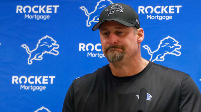 Detroit Lions coach Dan Campbell speaks to reporters following an NFL football game against the Dallas Cowboys.
